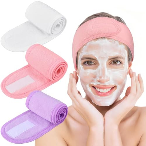 Whaline 3Pcs Spa Facial Headbands Make Up Wrap Head Terry Cloth Headband Soft Adjustable Towel Band for Face Washing Shower Facial Cover Yoga (White, Light Pink, Light Purple) | Amazon (US)