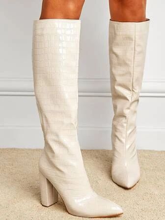 Women's Fashion Boots In Beige With Crocodile Texture, Embossed Pattern, Chunky Heel, And Apricot... | SHEIN