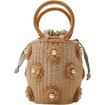Flower Pearls Rattan Tote Bag Summer Beach Drawstring Straw Bucket Bag Diamonds Woven Handbag | Amazon (US)