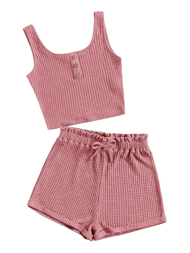 Girl's 2 Piece Outfits Waffle Knit Scoop Neck Button Down Crop Tank Tops Paperbag Waist Track Sho... | Amazon (US)