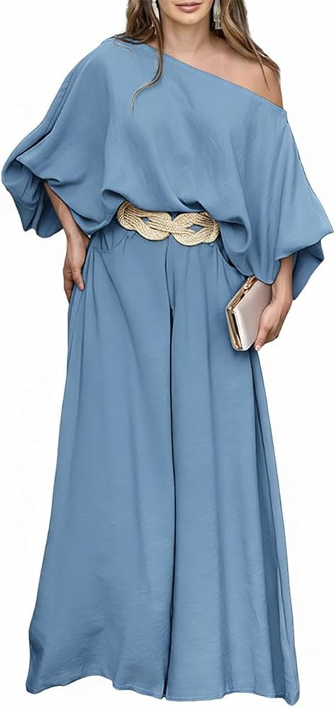 CHICME Women 2 Piece Summer Outfit Off Shoulder Flowy Wide Leg Pants Set | Amazon (US)