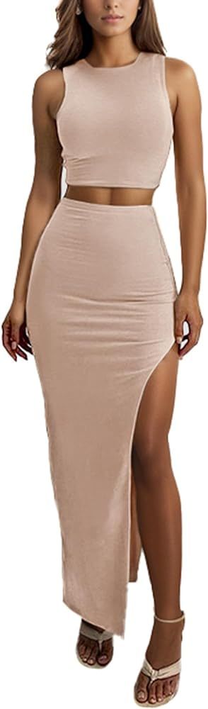 ELLEVEN Sexy 2 Piece Maxi Skirt Sets for Women - Knit Bodycon Crop Tank Top and High Slit Skirt D... | Amazon (US)