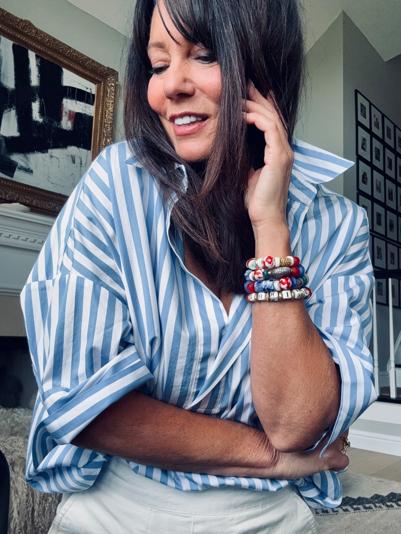 I love a good stripe shirt! This one has a cool pop over shape and love the collar and cuffs. Wearing xs - runs generous! 
Vacations 
Travel 
Work 
Spring 
Summer 


#LTKTravel #LTKWorkwear #LTKFindsUnder100