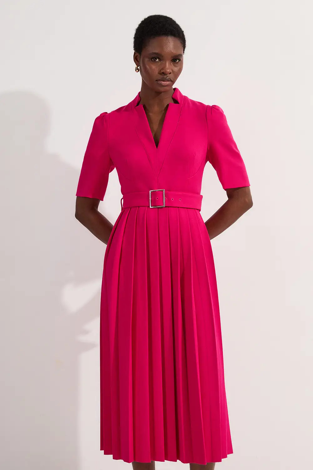 Petite Tailored Structured Crepe Forever Pleat Midi Dress | Karen Millen