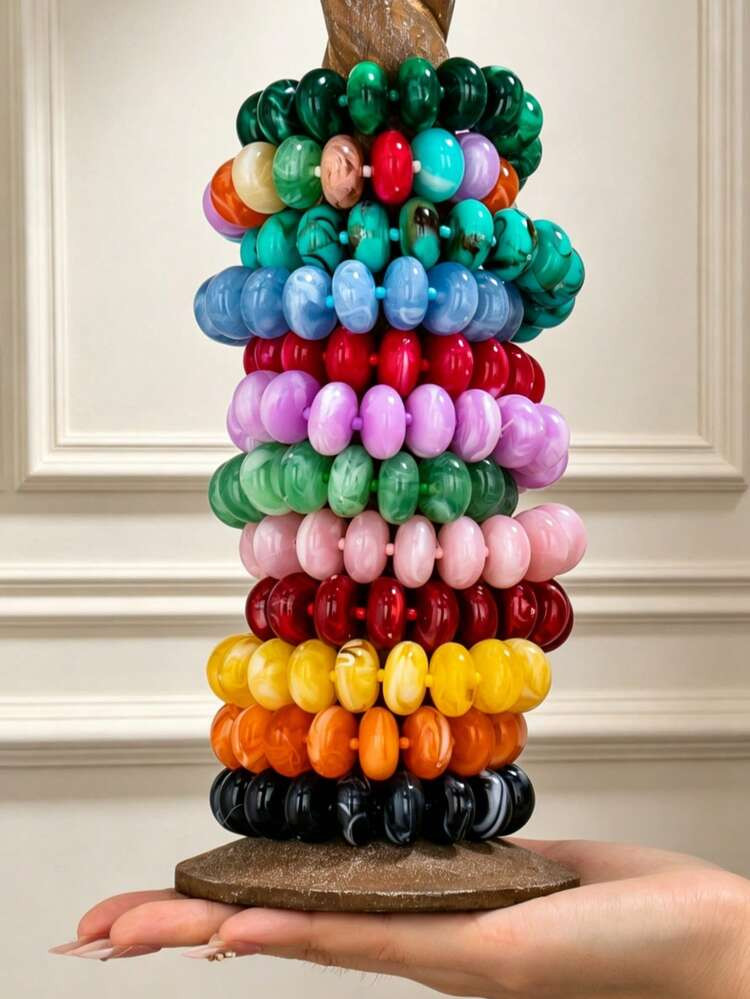 1 Pc Multicolor Resin Beaded Stretch Bracelet Set For Women, 10+ Vibrant Marble Bead Stackable Br... | SHEIN