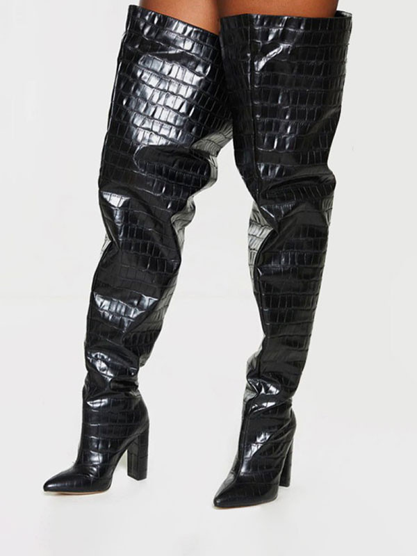 Women's Wide Stone Grain Chunky Heel Bright Leather Thigh High Boots | Milanoo