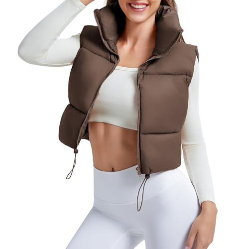 Women's Winter Cropped Puffer Vest Crop Jackets For Women Full Zip Stand Collar Padded Lightweight Outwear Vest Y2K Tops Brown M | Amazon (US)