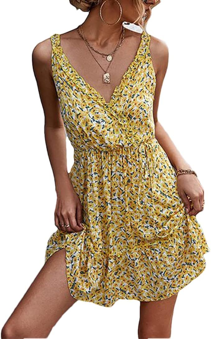 Galawaqe Women's Summer Ditsy Floral Dress V Neck Sleeveless A Line Ruffle Hem Casual Swing Short... | Amazon (US)