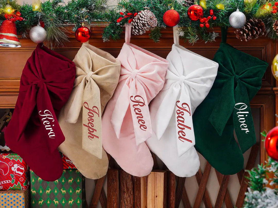 Embroidered Bow Christmas Stocking,velvet Family Stocking, Personalized Xmas Stocking With Name, ... | Etsy (US)