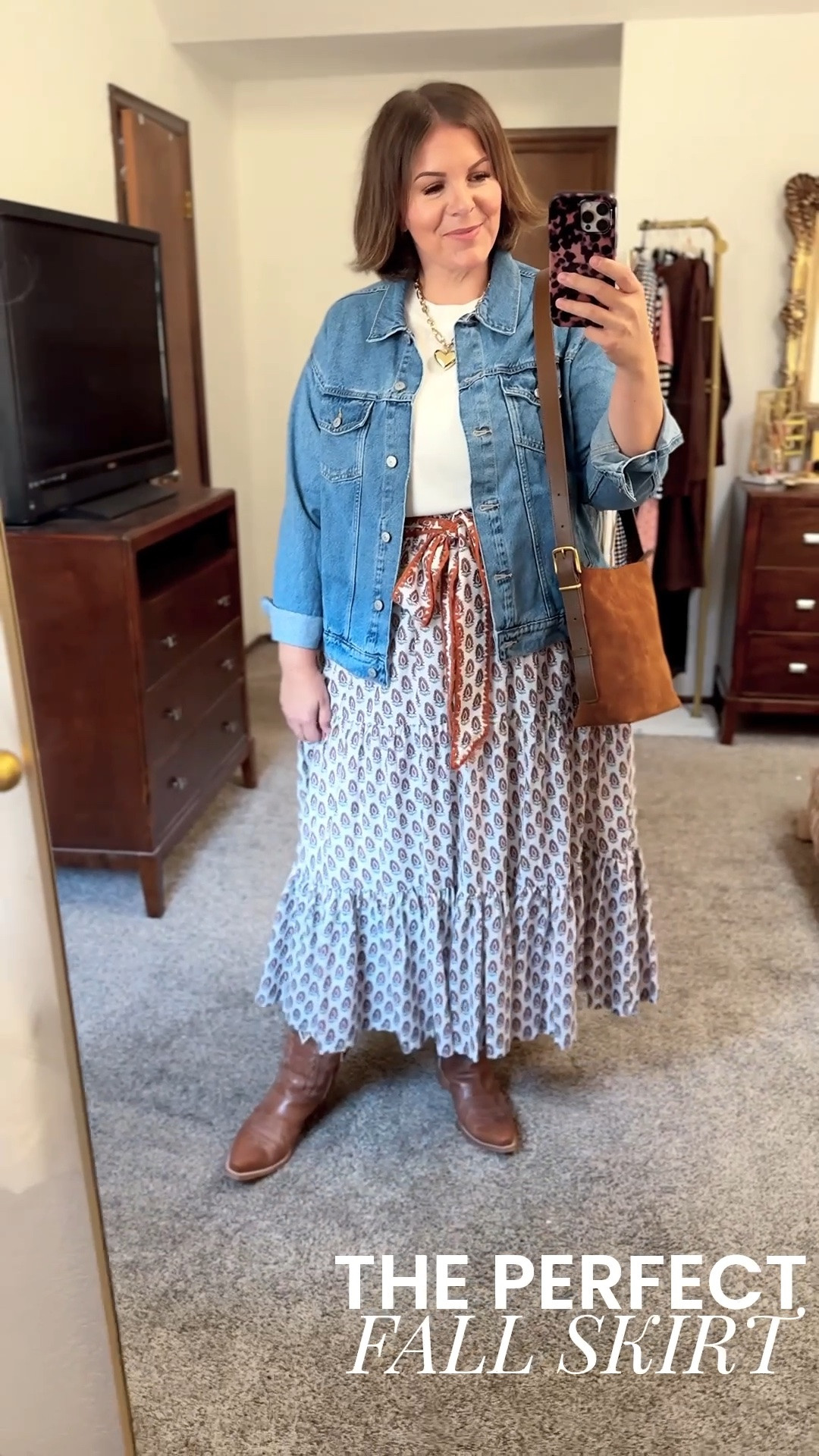 You'll love this midi skirt that has all the Farm Rio vibes at a Kohl's price! Fits my midsize curves perfectly in the size XL - I love pairing it with my Old Navy jean jacket and cowboy boots! Definitely recommend this as an option for fall family photos, too. 

 #LTKootd #LTKOver40 #LTKMidsize