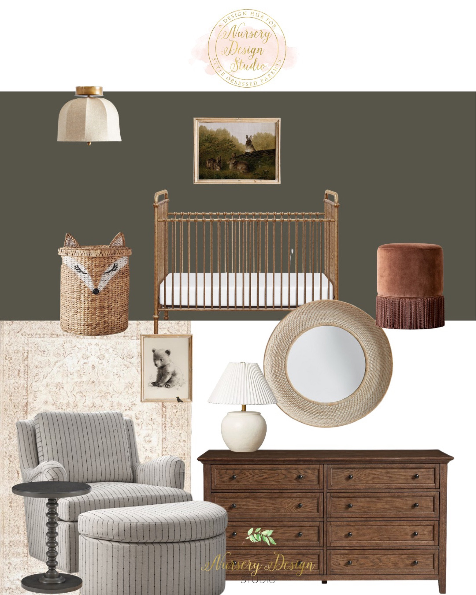 Moody  green nursery, gold crib, nursery chair, nursery mirror, brown stool, hamper 

#LTKbump #LTKbaby #LTKhome