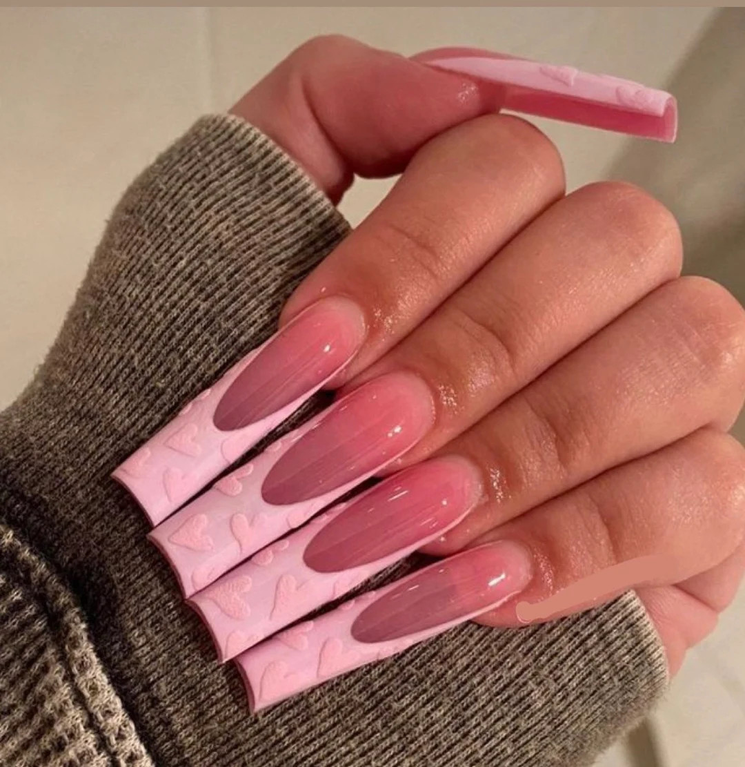 10pcs Valentines French Tip Nails Pink Heart Press on Nails - Etsy | Etsy (US)