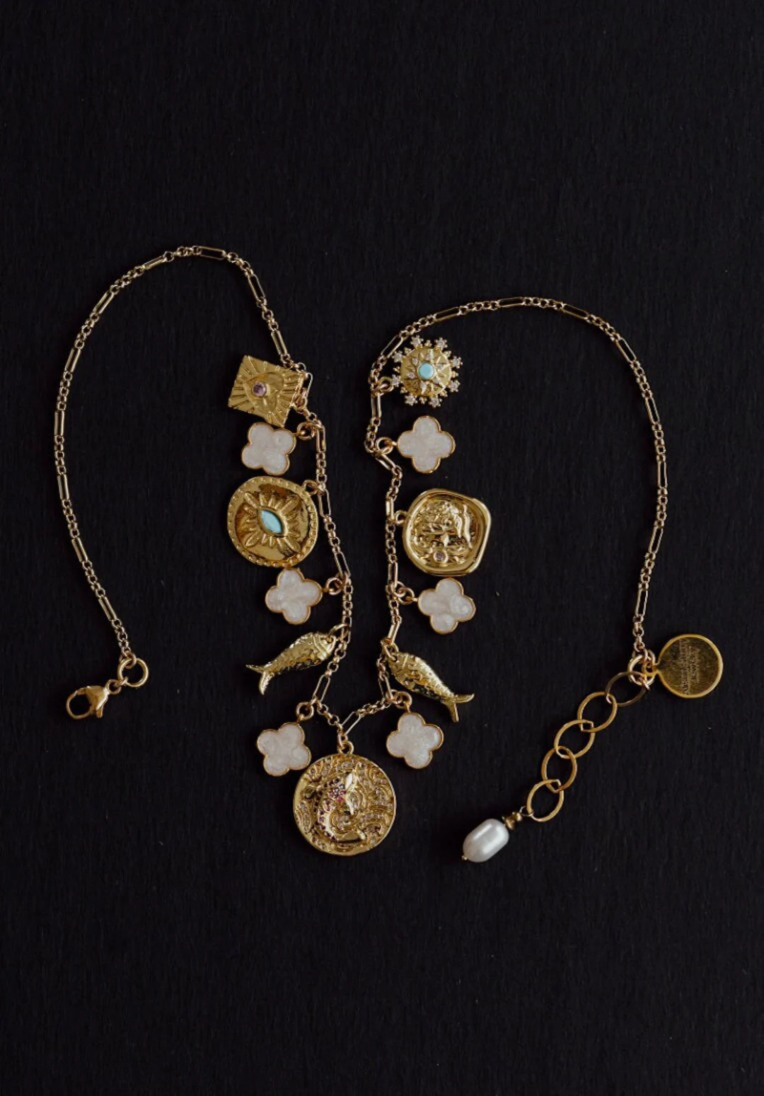 CHARM NECKLACE, Thirteen Gold Charms, Clover Necklace, Layering Necklace, Fish Charm Necklace - E... | Etsy (US)