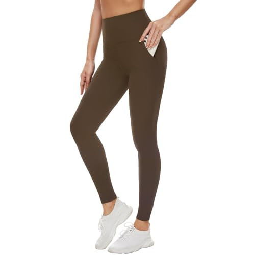 Brown Leggings for Women with Pockets - High Waisted Compression Spandex Gym Workout Leggings Tummy Control Scrunch Butt Lifting No See Through Yoga Pants Brown | Amazon (US)