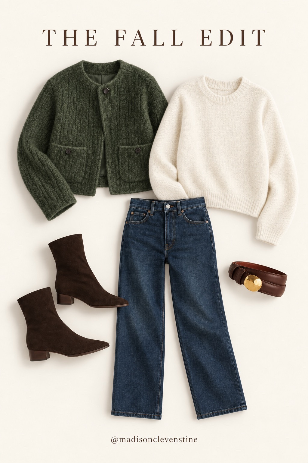 Olive green is my favorite fall neutral 🫒 a cable-knit jacket over cream with dark jeans and chocolate suede ankle boots. Goes with absolutely everything. #LTKSeasonal #LTKstyle #falloutfits
