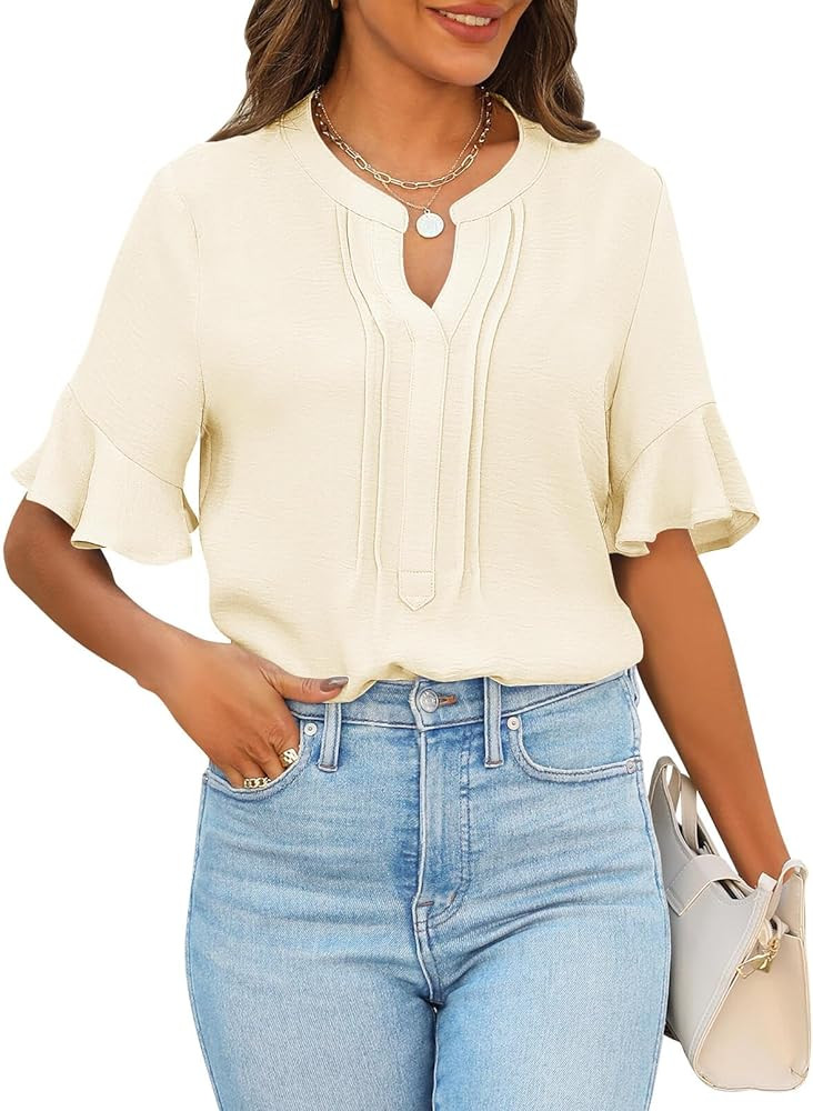 MEROKEETY Women's 2024 Summer Casual Blouses Dressy Ruffle Sleeve V Neck Shirts | Amazon (US)