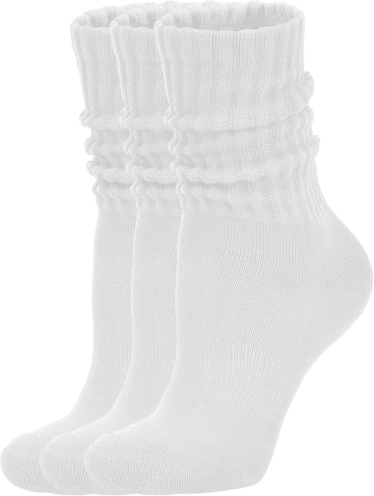 AugRing Women's Scrunch Crew Socks Retro 3-Pack Solid Cotton Boot Calf Chunky Ribbed Cozy Slouchy Socks Size 5-11 | Amazon (US)