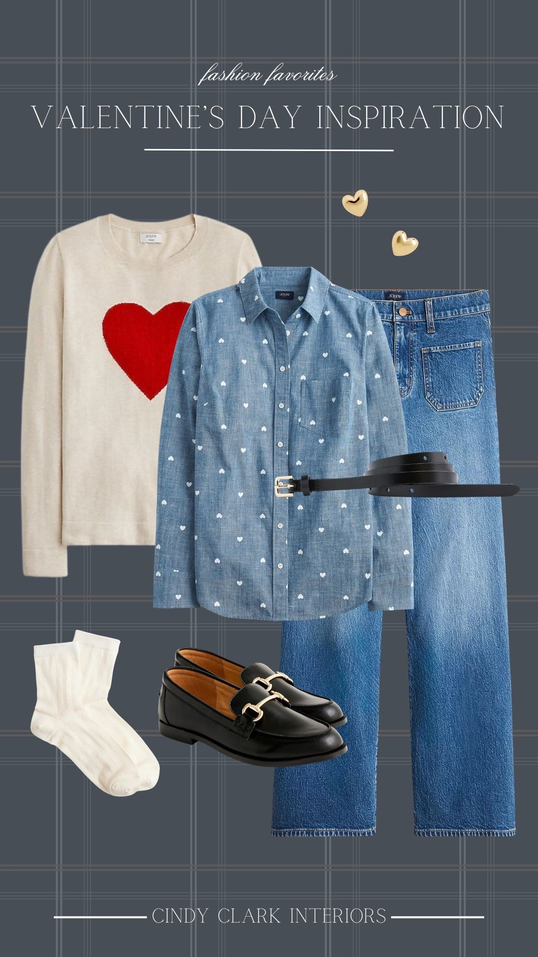 The cutest Valentine’s Day outfit! I love the small hearts on this denim shirt! Add the sweater over for a layered look, or drape it over your shoulders! Even these socks have the cutest pointelle heart detail! 

#LTKValentine #LTKgrwm #LTKootd