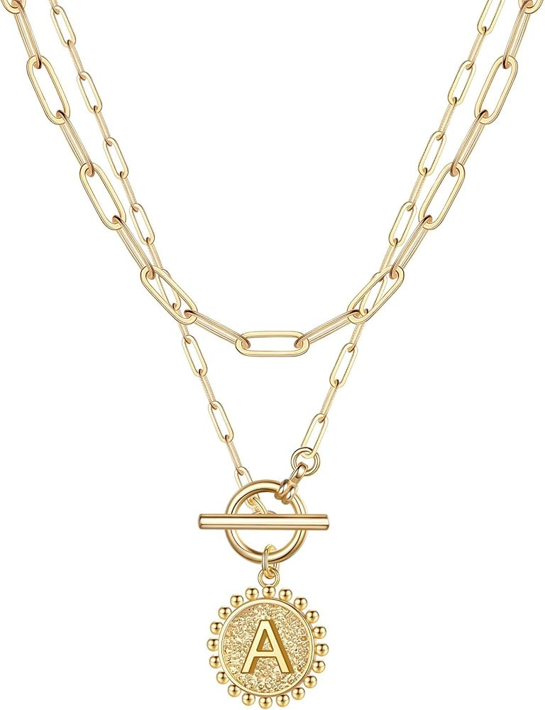 Gold Layered Initial Necklaces for Women, 14K Gold Plated Dainty Layering Paperclip Link Chain Ne... | Amazon (US)