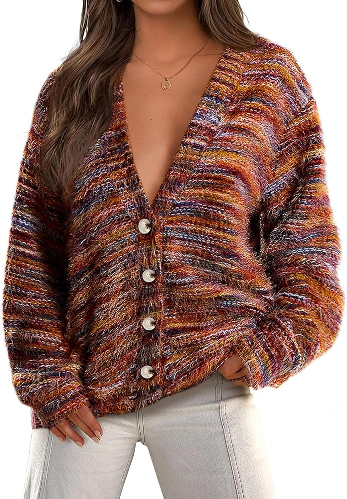 PRETTYGARDEN Womens Cardigan Sweaters 2025 Fall Striped Long Sleeve V Neck Button Down Knit Fuzzy... | Amazon (US)