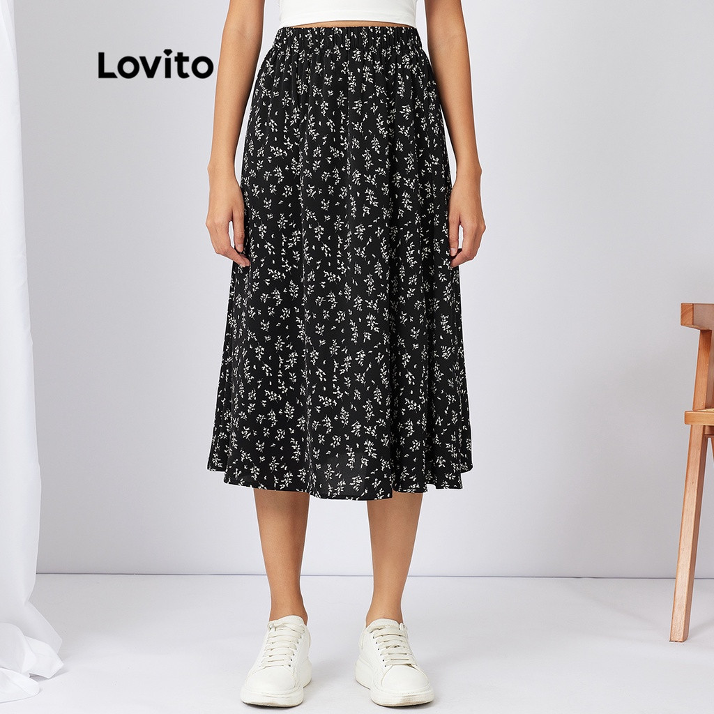 Lovito Saia Midi De Cintura Elástica Casual Ditsy Floral Linha A L21AS032 (Preta) | Shopee (BR)