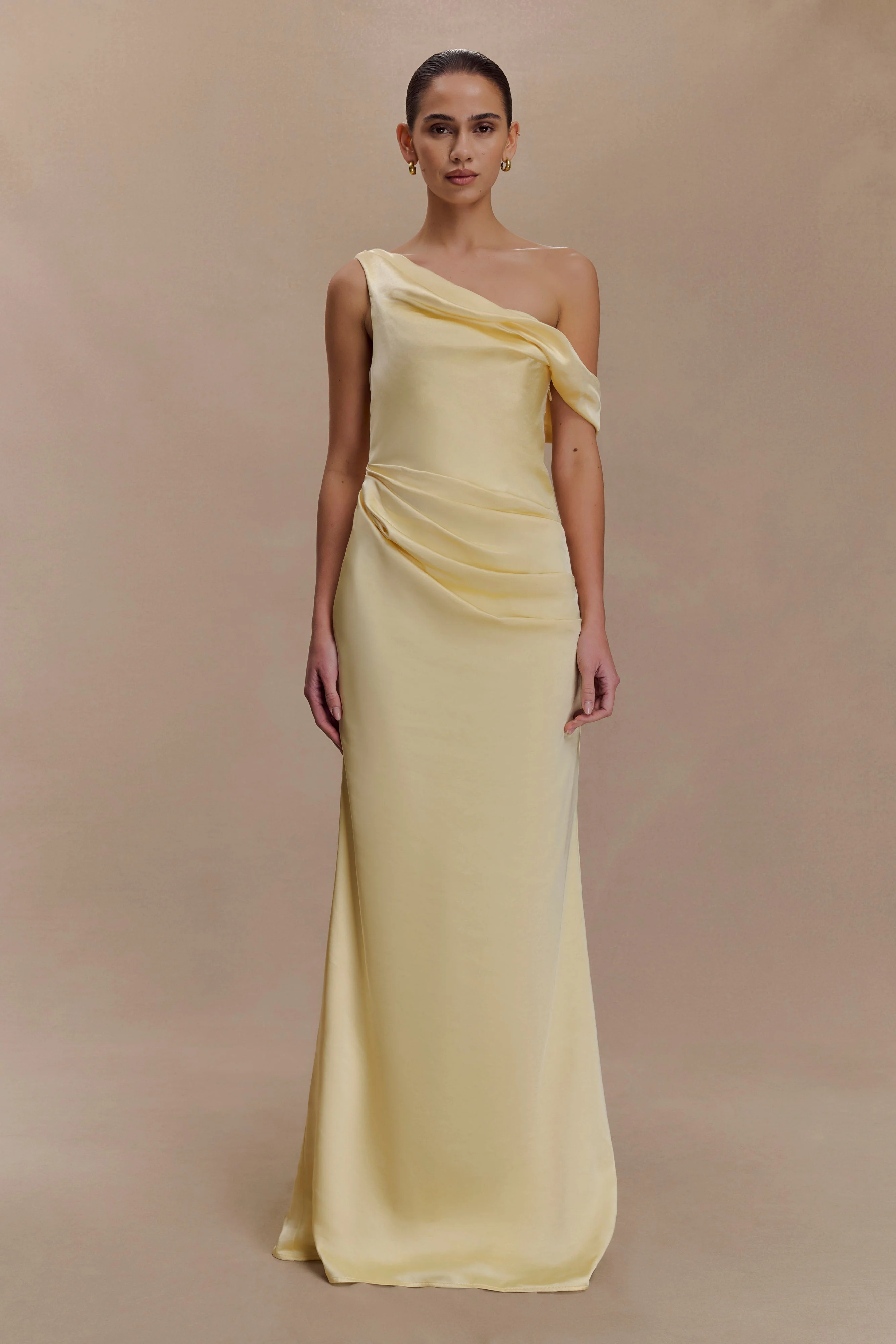 Dalia Off Shoulder Satin Maxi Dress - Lemon | Meshki UK