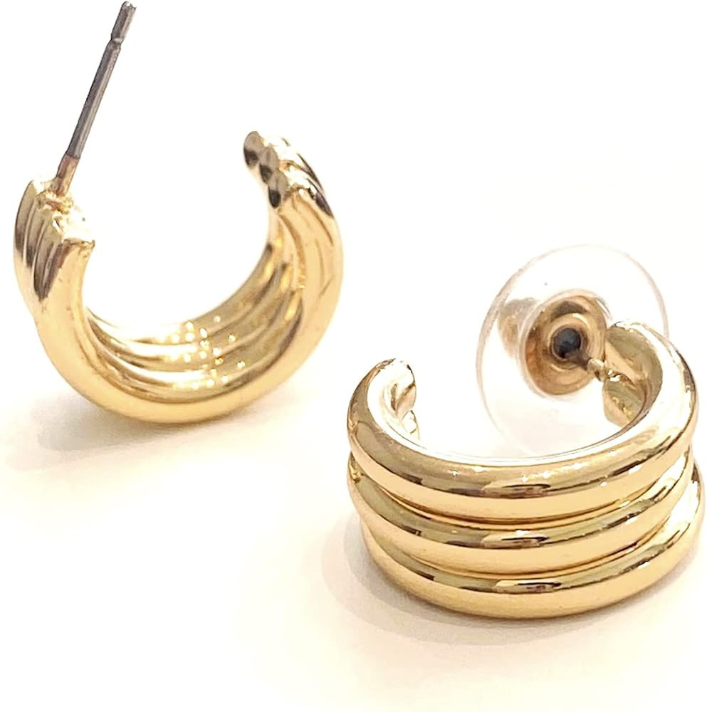 LINSIS Gold Plated / 925 Sterling Silver Triple Hoop Stud Earrings | Amazon (UK)