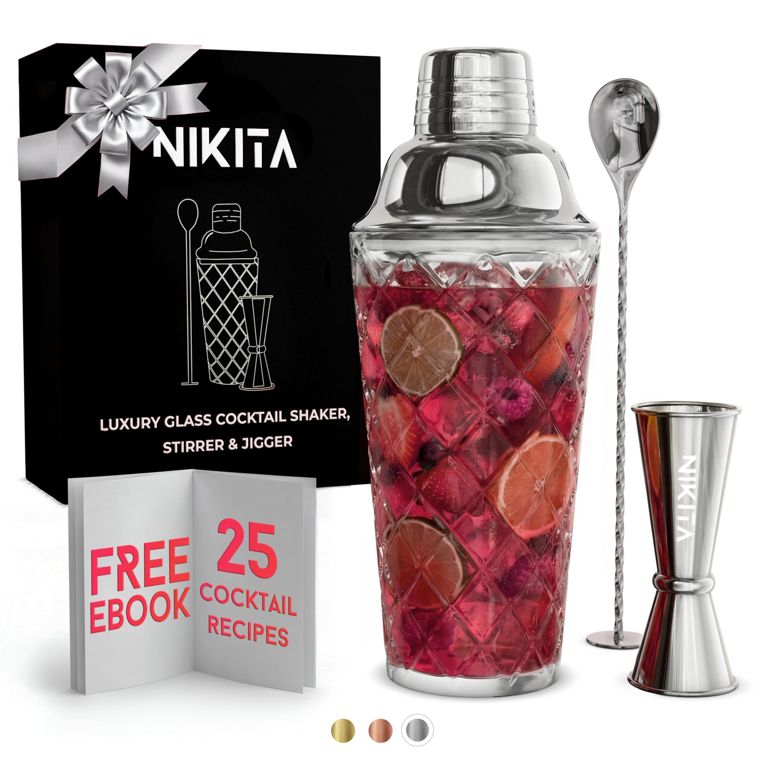 Glass Cocktail Shaker Set - 5 Piece - Silver Martini Shaker Set with Strainer, Jigger, Spoon & Mu... | Amazon (US)