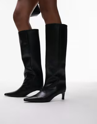 Topshop Tara premium leather knee high heeled boots in black | ASOS (Global)