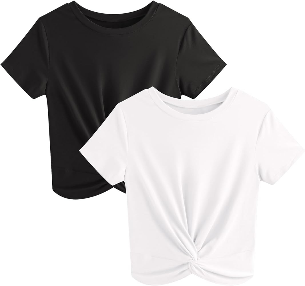 JINKESI Women's 2/3 Pack T-Shirts Summer Crop Tops Causal Crew Neck Short Sleeve Twist Front Tee ... | Amazon (US)