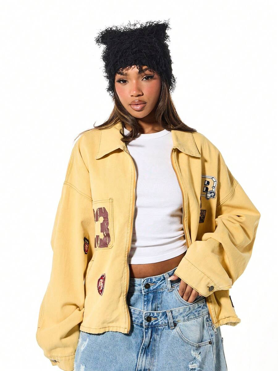 SUMWON WOMEN Vintage Oversized Carpenter Patch Badge Detailed Utility Denim Jacket With Collar An... | SHEIN