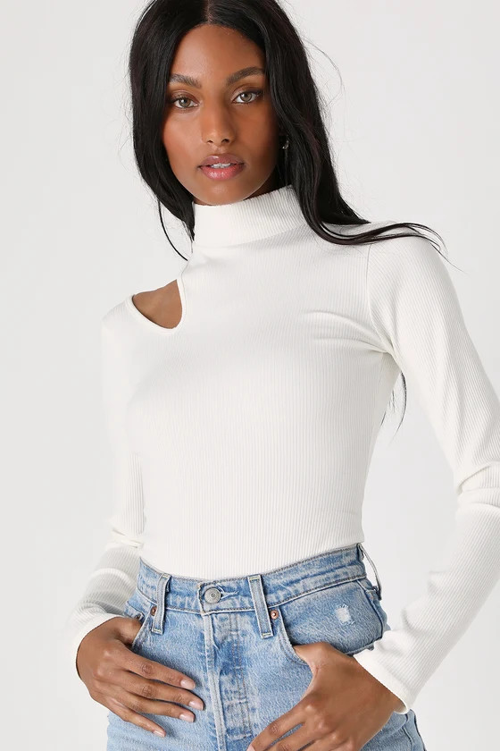 Attractive Attitude White Ribbed Cutout Mock Neck Bodysuit | Lulus (US)