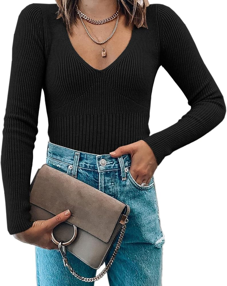 MISUMALLS Women's V Neck Long Sleeve Sweaters Ribbed Knit Casual Solid Pullover Jumper Tops | Amazon (US)