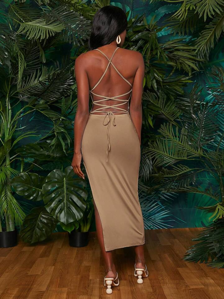 SHEINNeu Lace Up Backless Split Thigh Cami Dress | SHEIN