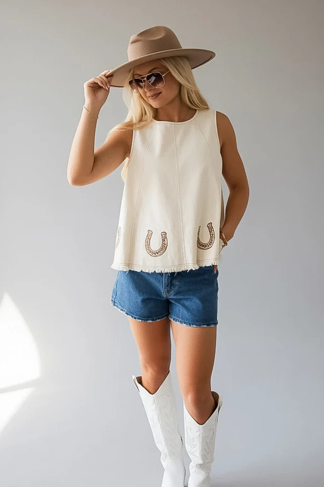 Lucky Trails Cream Embroidered Tank | Dress Up