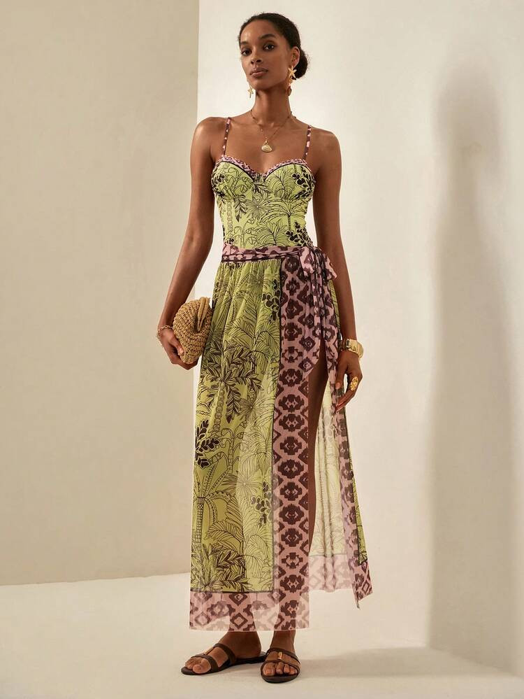 Écloséra Sexy Multicolor Plants Pattern Fabric Sheer Long Dress With Spaghetti Strap For Women | SHEIN