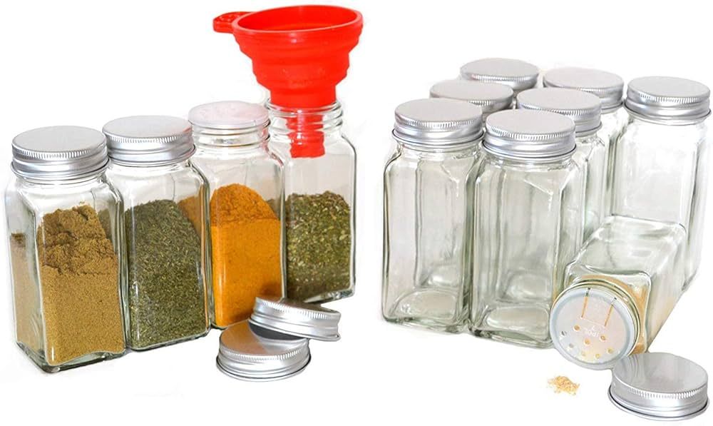 nicebottles Clear Glass Spice Jars, 4 Oz, Square with Silver Lids and Silicon Funnel, Case of 12 | Amazon (US)