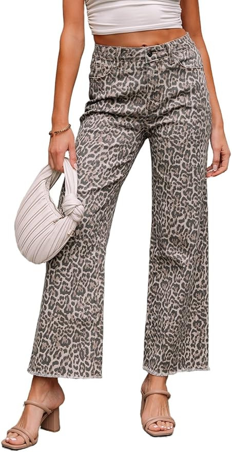 Apvirdy Women's Leopard Frayed Edge Denim Pants Wide Leg High Waist Trendy Elegant Jeans 2025 | Amazon (US)