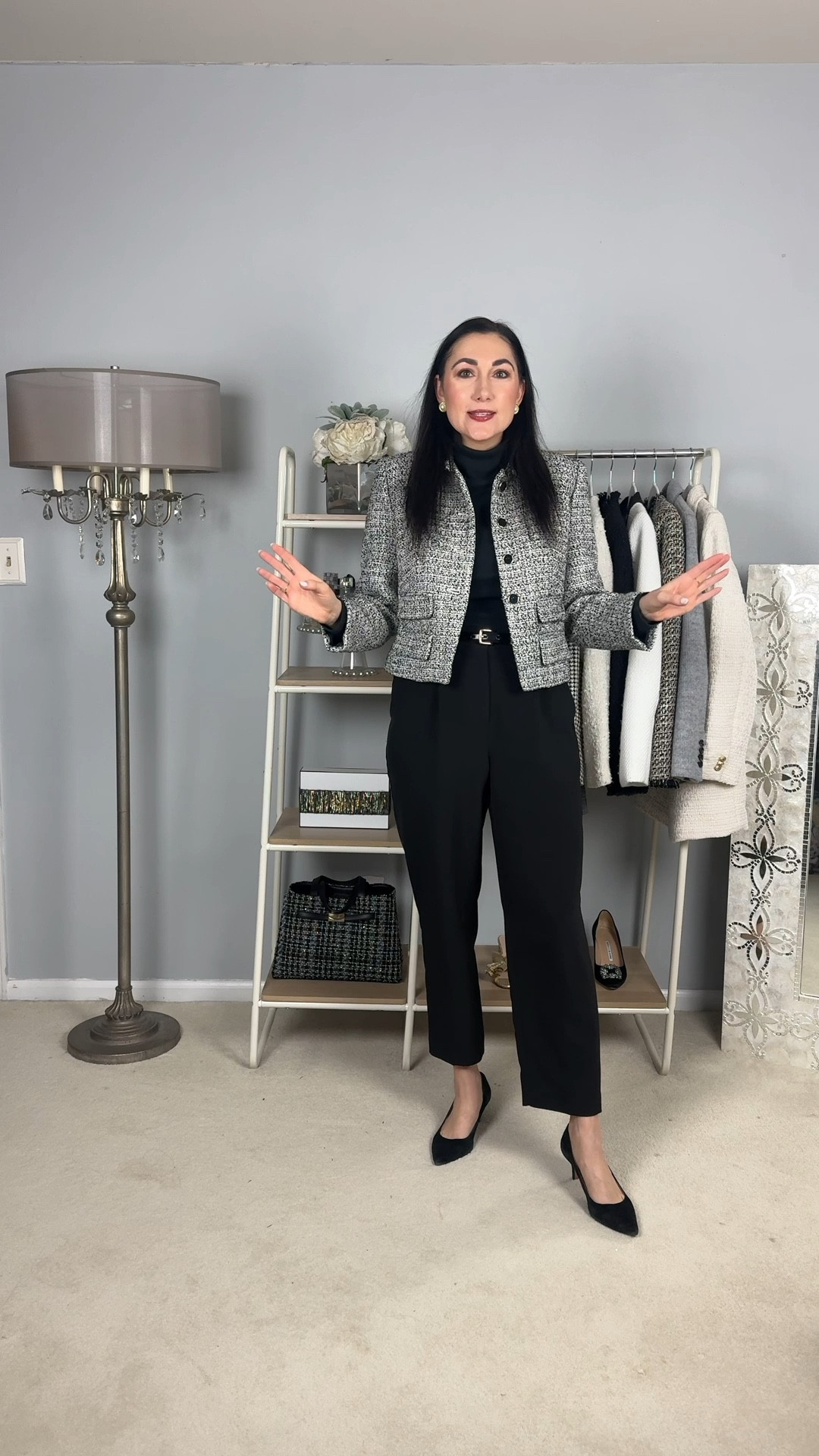 Classic work outfit of the day 🖤🤍

Black tweed jacket size 6, normal wear size 4 but didn’t have at my store. Slightly big but still fits well. 
Black turtleneck 
Black crepe pants size 4 curvy, slightly big  but wouldn’t size down
Black heels size 7, TTS (linked this years version)

Business professional 
Office outfit 
Modest outfit 

#LTKootd #LTKWorkwear #LTKSeasonal