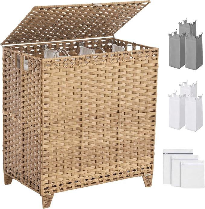 Laundry Hamper with Lid, 190L Large Laundry Basket 3 Section with 6 Removable Liner Bags & 3 Mesh... | Amazon (US)