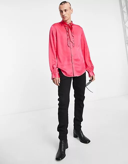 ASOS DESIGN satin shirt with pussybow tie neck and ruffles in bright pink - BPINK | ASOS | ASOS (Global)