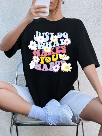 SHEIN EZwear Camiseta ombro caído gráfico de slogan | SHEIN