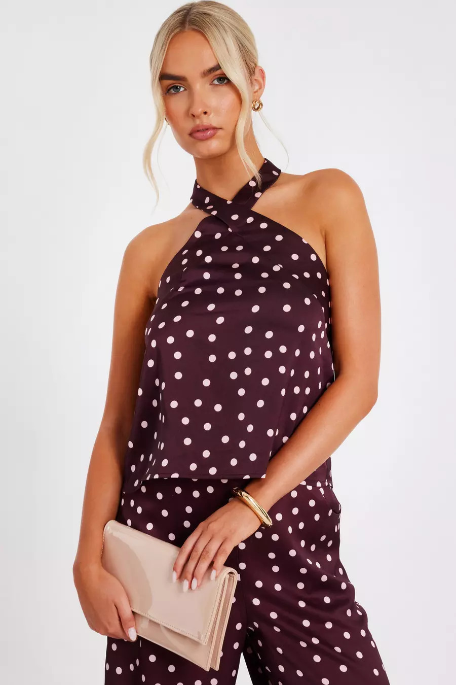 Dark Red Polka Dot Halter Top | Quiz Clothing