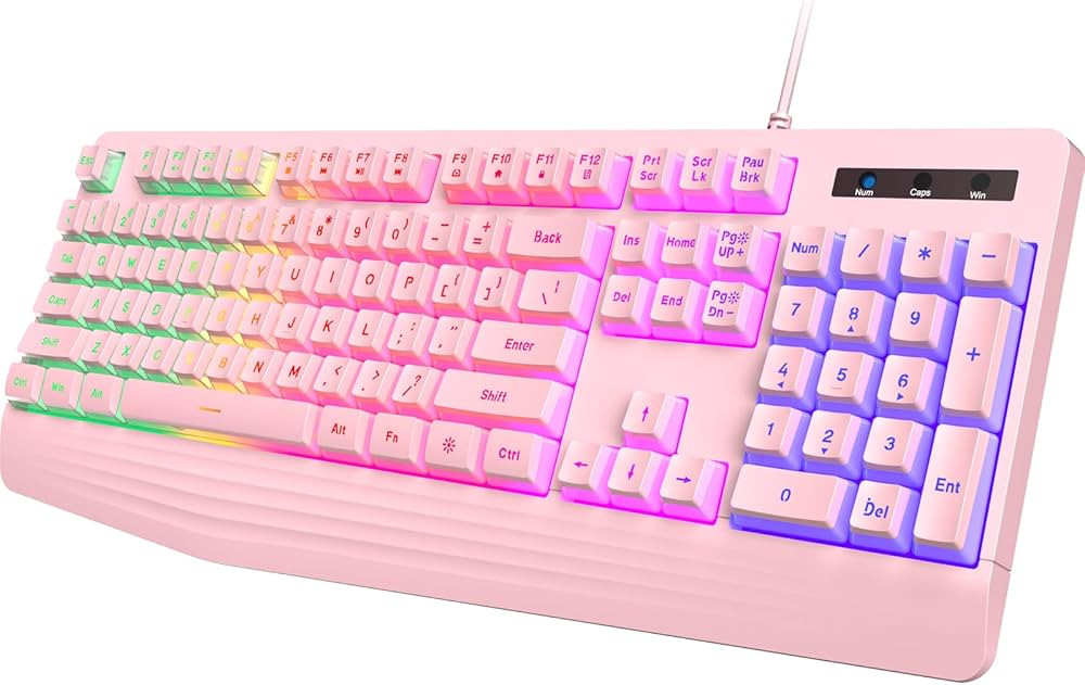 Pink Gaming Keyboard, Rainbow LED Backlit, 104 Keys Silent Light Up Creamy Keyboard with Wrist Re... | Amazon (US)