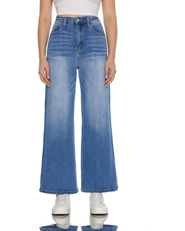 ONESO Mid-Low Rise Baggy Jeans Wide Leg for Women Distressed Pants Stretchy Bottom Lady Basic Com... | Amazon (US)