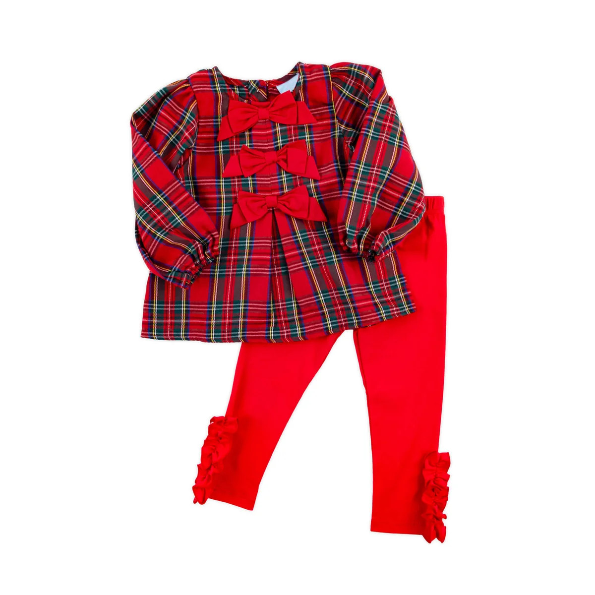 Red Plaid Center Bows Ruffle Legging Set | Classic Whimsy