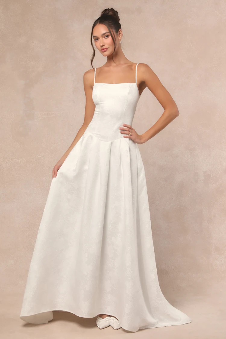 Arabella White Jacquard Basque Waist Maxi Dress | Lulus