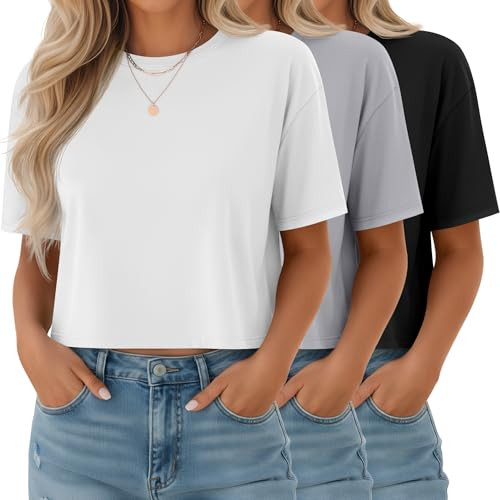 Ficerd 3 Pack Women's Half Sleeve Crop Tops | Amazon (US)