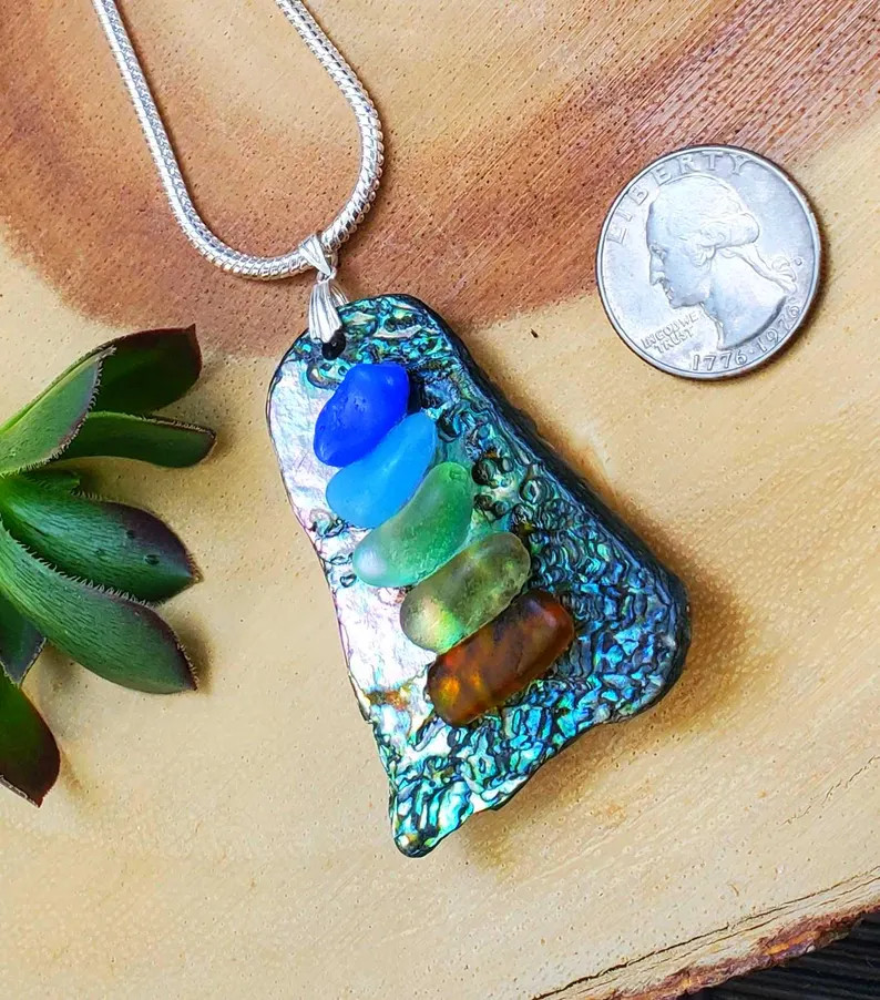 Sea Glass Rainbow & Abalone Shell Pendant: Sterling Silver Chain, Genuine, Rare Ocean Glass. Hand... | Etsy (US)