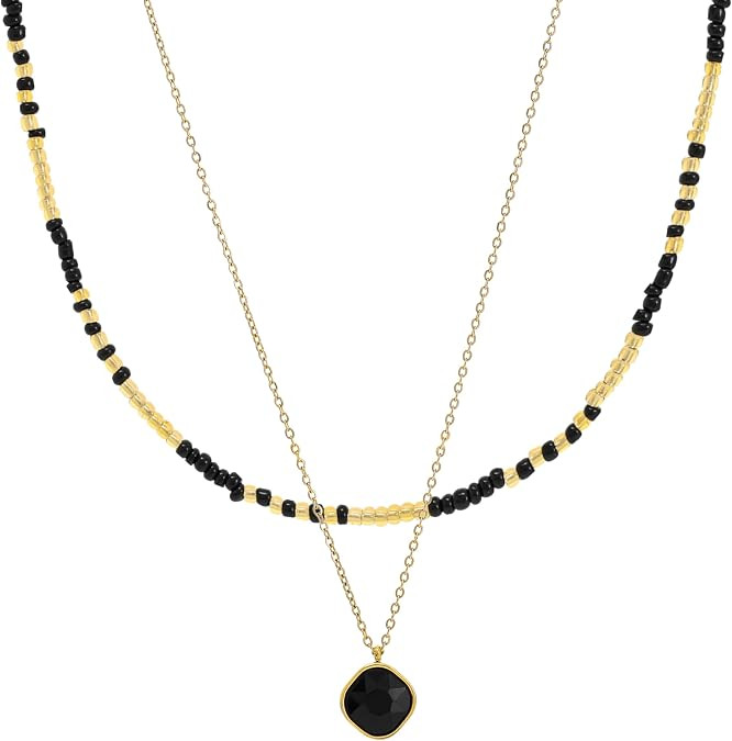 Black and Gold Layered Necklace for Women Boho Beaded Choker with Black Crystal Pendant Dainty Y2... | Amazon (US)